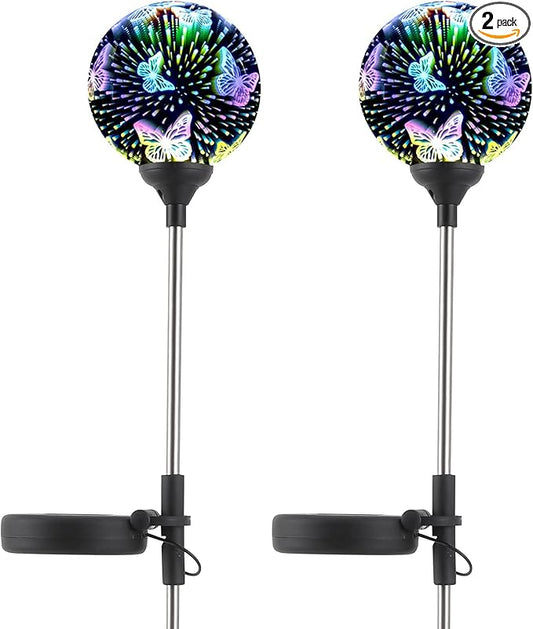 WNP Solar Outdoor Garden Light Decoration,Colorful Landscape Ball Stake Lights,2 Pack Outside Garden Light Decorative,Yard Solar Lights Waterproof Glass Decor Patio Path (2 Pack Butterfly)
