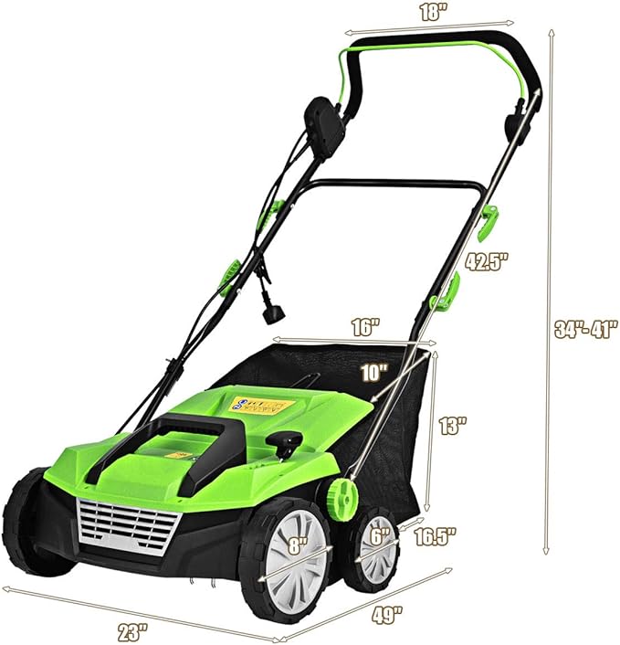 Goplus 2-in-1 Electric Corded Lawn Dethatcher with 5 Cutting Heights, 15-Inch 13 Amp Electric Scarifier w/ 13.5 Gallon Collection Bag, 2 Removable Blades for Garden Yard