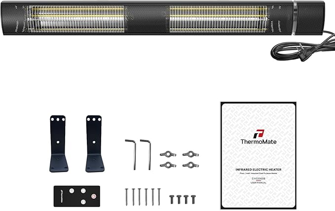 ThermoMate Infrared Heater, Outdoor Heater for Patio, Garage, Restaurant, 3000W Golden Halogen 240V with Remote, ETL Certified Black