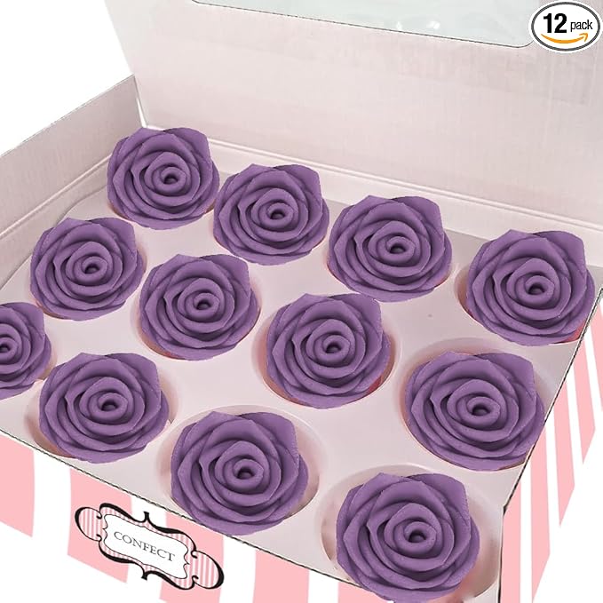 Confect Edible Rose Topper -Edible True Purple Rose Toppers for Cake & Cupcake - Edible Roses for Desserts- Vegan, Gluten-Free, Nut-Free, Dairy-Free, Palm Oil-Free - Pack of 12