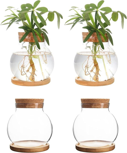 Plant Propagation Station,Hydroponic Glass Container Vase Jars, with Wooden Saucer for Desks, Houses, Garden Decorations, Home Kitchen Decorations and Gifts for Plant Lovers (4)