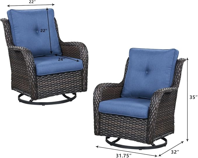 HUMMUH 7pcs Patio Furniture Set Swivel Rocker Patio Chairs,PE Wicker Outdoor Sofa Set of 2 with Coffee Table and Ottomans(Brown,Blue)