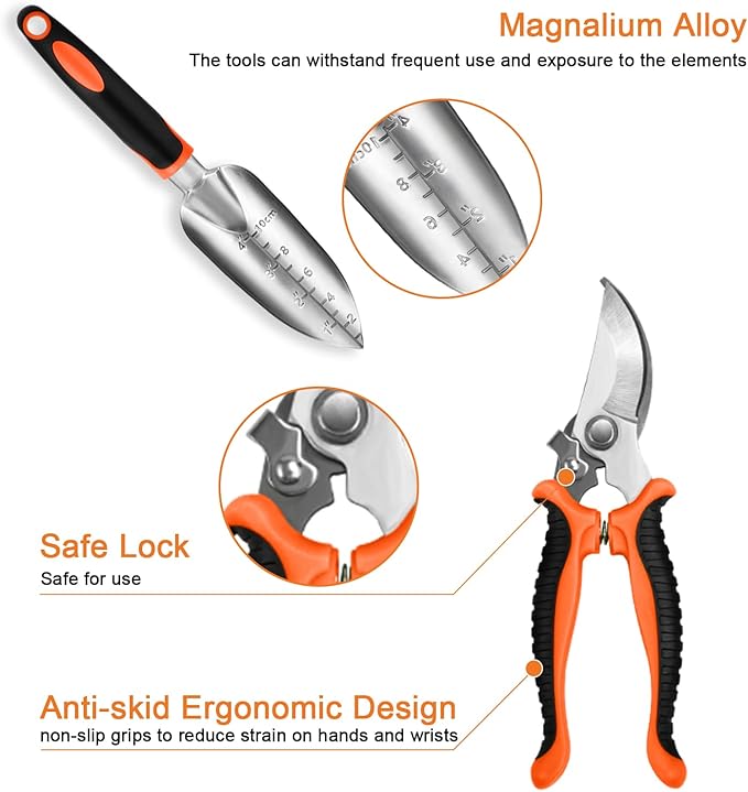 Garden Tool Set with Non Slip Rubber Grip,8 Piece Stainless Steel Gardening Tool Sets,Heavy Duty Outdoor Hand Tools Durable Storage Tote Bag,Uprooting Weeding Tool, Gifts for Women Men(Orange)