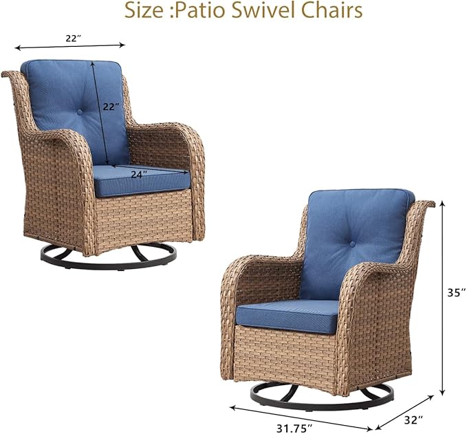 HUMMUH Outdoor Swivel Rocker PE Wicker Patio Chairs Set of 2, Rattan Rocking Chair Furniture Set (Yellow,Blue)