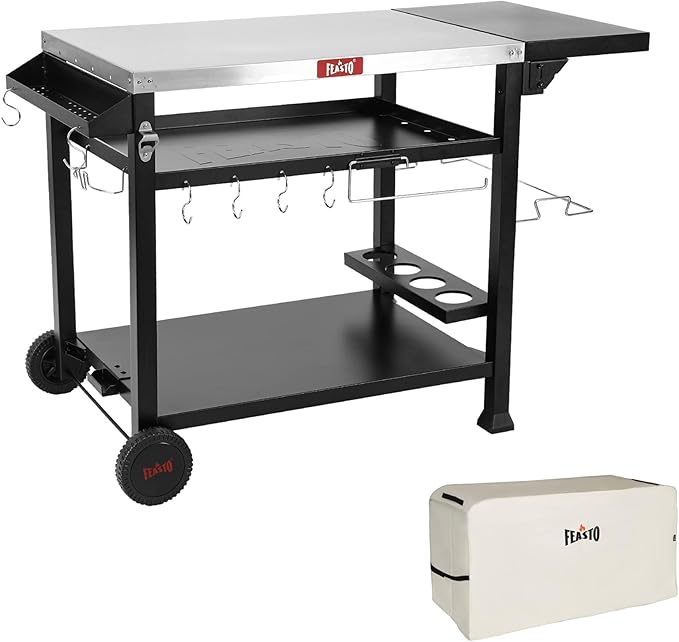Outdoor Grill Table Cart, Pizza Oven Table Stand for Outdoor Indoor, 40" x 26" Stainless Steel Tabletop Dining BBQ Grill Table with Wheels for Food Prep, 3-Shelf Kitchen Cart Table with Cover
