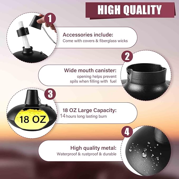 ZSZMFH 6 Pack Metal Table Top Torches,18 oz Citronella Torches for Outside， Refillable Citronella Flame Light Torch with Wicks and Covers, Landscape Lanterns Torches for Party, Garden Decor，DIY