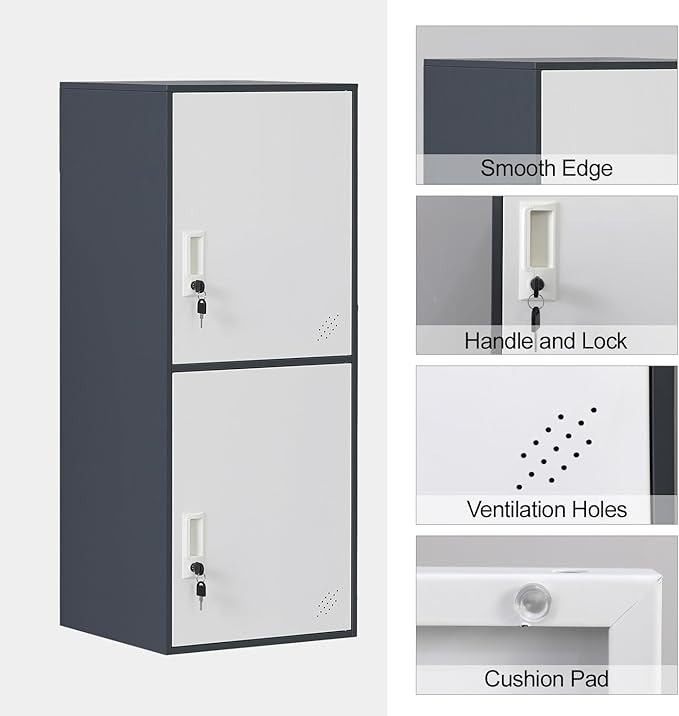 2 Door Metal Storage Locker Cabinet for Office, Home, Gym, School, Steel Cabinet to Storage File, Toys, Shoes and Sports Equipment, Locker Organizer for Gym Office Bedroom (2 Door, Grey)