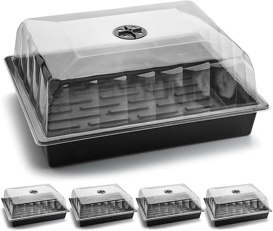 Leak-Proof Seed Starter Trays with 4" Humidity Dome & Drip Tray - 5-Pack Heavy-Duty Plastic Propagation Kit for Herbs, Microgreens, Indoor Gardening, Durable Reusable Plant Growing Trays