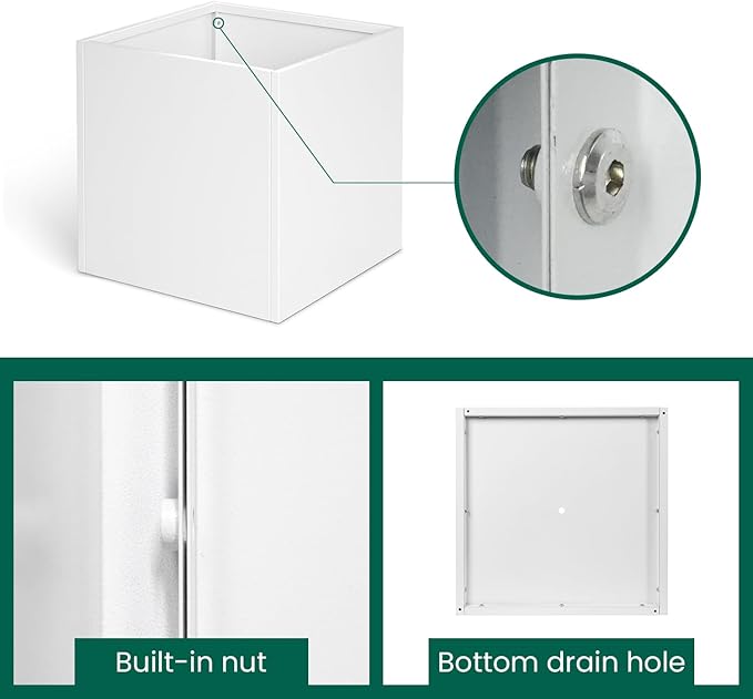 White Steel Planter Square Outdoor Planters Galvanized Steel Planter Box Indoor Metal Large Planters Cube Heavy Duty Flower Pot 16 Inch Modern Commercial Residential for Trees Patio Deck Yard Garden