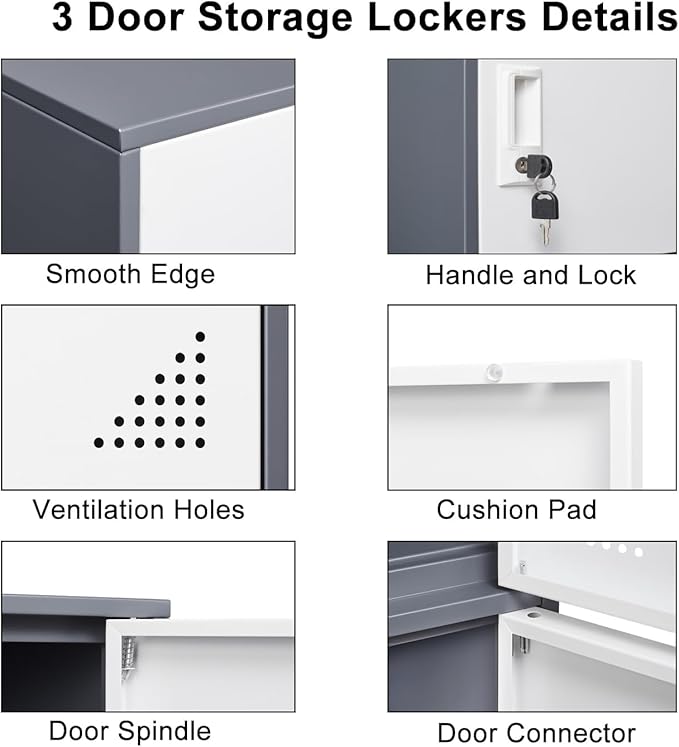 Student Locker Organizer, Multi-Door Steel Locker, Small Locking Cabinet Storage Organizer, Office File Cabinet, Home Locker, Gym Locker, Metal Storage Locker (3 Door, Gray & White)