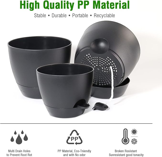 10/9/8 inch Self Watering Pots, Set of 3 Plastic Planters with Mesh Drainage Holes and Deep Reservoir for Indoor Outdoor Garden Plants and Flowers, Black