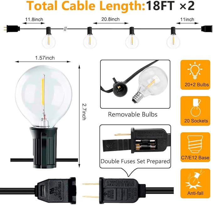 2-Pack 18Ft Outdoor Patio String Lights,UL Listed Commercial Light String with 20+2 Plastic G40 LED Clear Globe Bulbs,Decoration for Patio Backyard Cafe Porch Garden Bistro Party Wedding