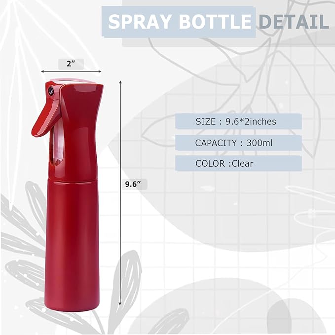 VIGOR PATH Continuous Spray Bottle with Ultra Fine Mist - Versatile Water Sprayer for Hair, Home Cleaning, Salons, Plants, Aromatherapy, and More - Empty Hair Spray Bottle - 300ml/10.1oz (Red)