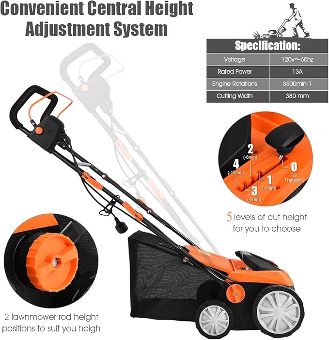 Goplus 2-in-1 Electric Corded Lawn Dethatcher with 5 Cutting Heights, 15-Inch 13 Amp Electric Scarifier w/ 13.5 Gallon Collection Bag, 2 Removable Blades for Garden Yard