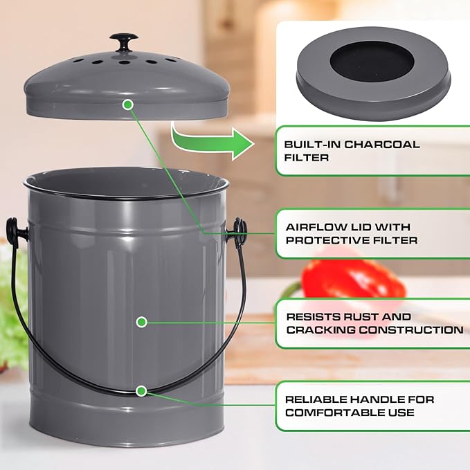 Plexon Countertop Compost Bin Kitchen with Lid, Gray 1.5 Gallon Odorless Container, Steel Food Compost Bucket for Kitchen with Charcoal Filter, Compost Pail for Countertop