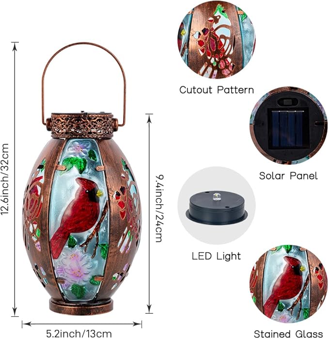 Starsoul Cardinal Outdoor Solar Lantern - Metal & Stained Glass Cardinal Solar Light, Waterproof Tabletop Lamp with Hollowed-Out Design for Yard, Patio, Garden, Pathway