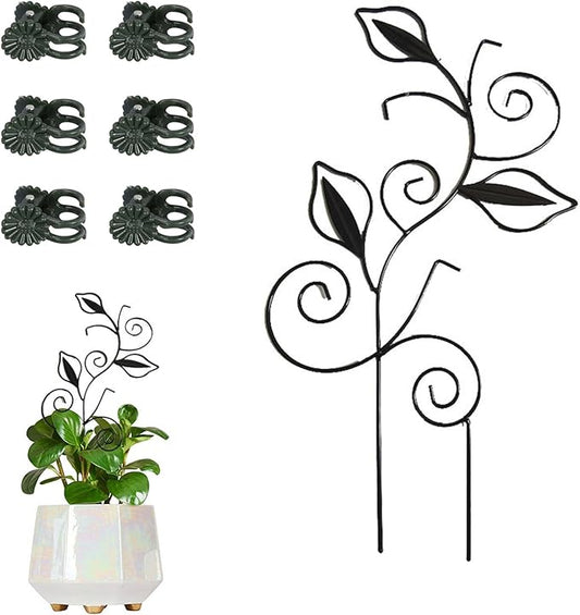 Decorative Metal Plant Trellis for Indoor Potted Plants – Leaf Shape Vine Support Stakes with 6 Plant Clips, Black/Green/Gold Garden Trellises for Climbing Plants, Vines (Black 1pc)