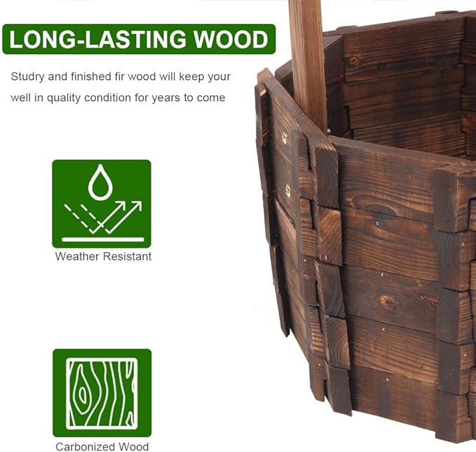 Wooden Wishing Well with Hanging Bucket, Outdoor Rustic Wishing Well Planter for Flowers and Plants, Well Covers for Yard, Garden Decor for Outside