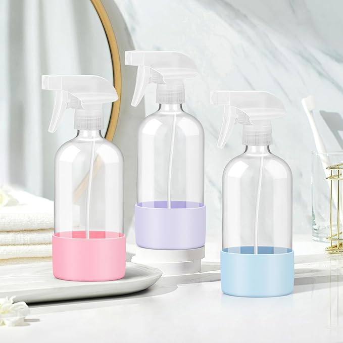 Glass Spray Bottles with Silicone Sleeve Protection, Empty 16 oz Refillable Containers, Reusable Spray Bottles with Adjustable Nozzle for Hair, Cleaning Solutions, 3 Pack Pink&Blue&Purple