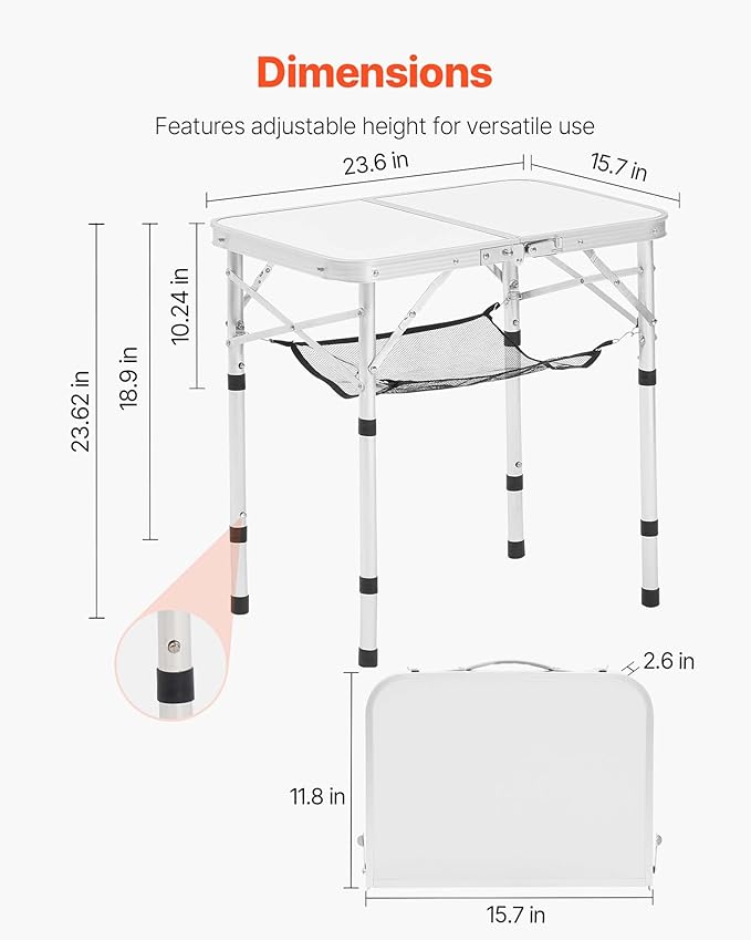 VEVOR Folding Camping Table, Portable Roll Up Side Tables, Lightweight Aluminum Beach Table with Adjustable Height, for Outdoor BBQ Tailgating Picnic, Travel (24 inch-Silver)