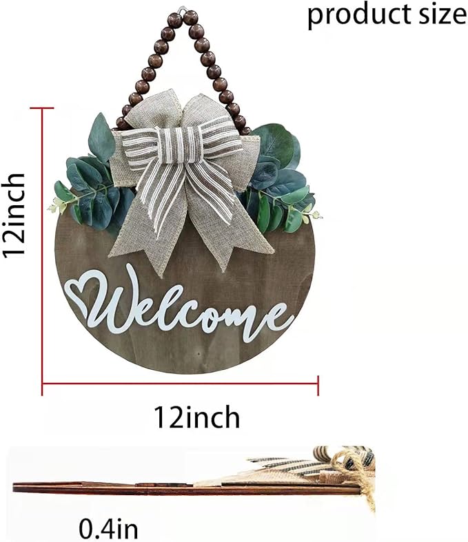 3D Welcome Sign for Front Door |Home/Farmhouse Porch Décor Wooden Hanging Sign with Artificial Leaves and Rustic Beads | Christmas Classroom |12" Round