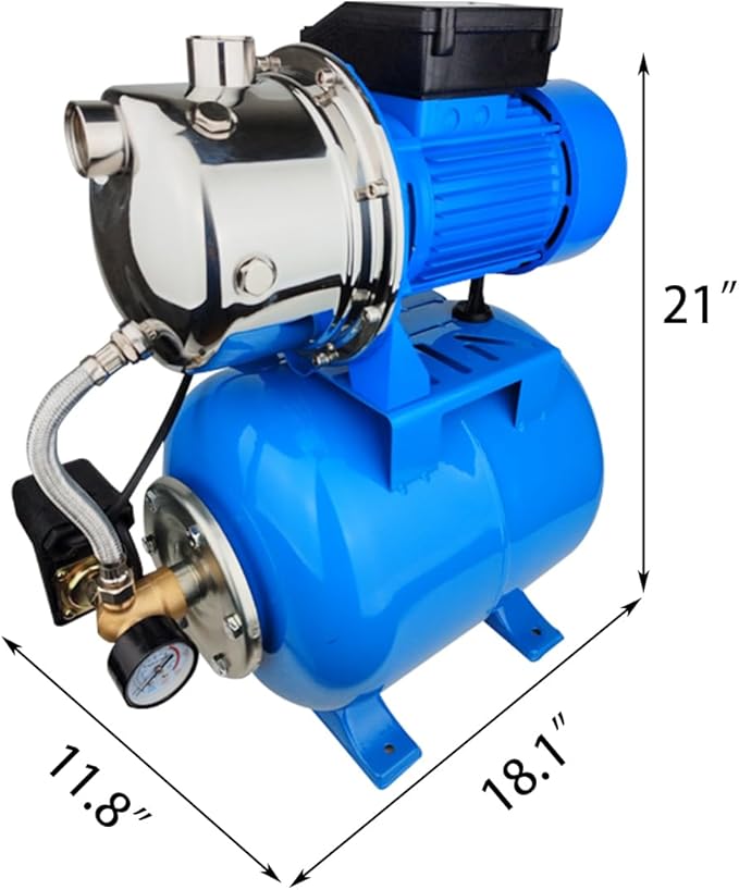 1.6Hp SS Shallow Well & Pressure Booster Pump 110V Water Transfer 48m 15GPM Automatic for Home Garden Sprinkler System Lawn Farm Draining Irrigation