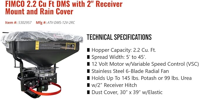 FIMCO 5302957 (ATV-DMS-12V-2RC) 2.2 cu ft ATV/UTV Dry Material Spreader with 2" Receiver Mount & Rain Cover Bundle with DU-Most Heavy-Duty Walnut Hand Scrub & Cleaner, 16 oz