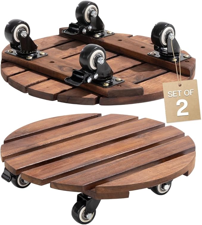 Idzo 2-Pack 14 Inch Acacia Wood Plant Caddy with Wheels – Heavy-Duty Plant Dolly with 264 Lbs Capacity, 360° Lockable Wheels for Large Plant Pots, Heavy Objects, Ideal for Indoor and Outdoor Use
