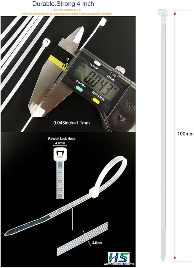 HS 1000 Pack Mini Zip Ties Clear Plastic Ties 4 Inch Bulk 4" White Cable Ties 18 Lb for Bag Tags,Electric,Lights,Party Decorate