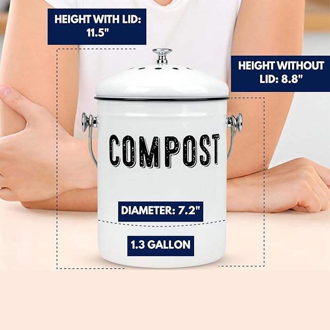 Granrosi Countertop Compost Bin Kitchen - 1.3 Gal Indoor Compost Bucket with Lid for Kitchen; Farmhouse Rust Proof & Odorless Composter Bin for Countertop; 3 Charcoal Filters