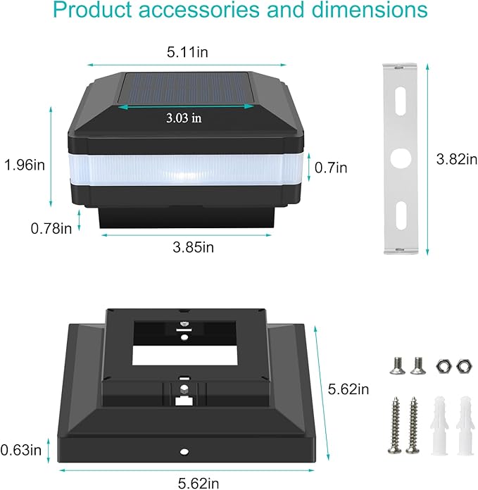 Sumaote Solar Post Lights 160LM 52 LED - 6x6 Post Cap Solar Light Outdoor Deck Fence Lights fit 4x4 5x5 6x6 Wood Posts, IP65 Waterproof for Garden Porch Patio, 6000K White Lighting, 4 Pack