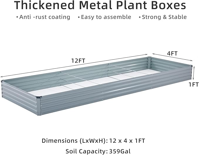 2 Pack 12x4x1FT Galvanized Raised Garden Beds Kit Outdoor Metal Gardening Planter Box for Vegetable Elevated Flower Herbs,Gray