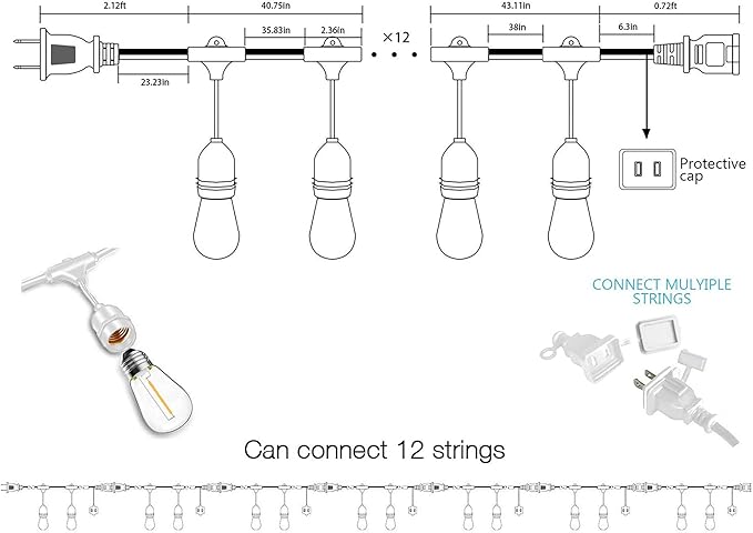 Banord Outdoor String Lights, 48FT Waterproof Patio Lights with 1W Dimmable LED Bulbs, White Hanging String Lights for Outdoor Backyard, Garden, Deck, Porch, Gazebo, Balcony, Camping, Party