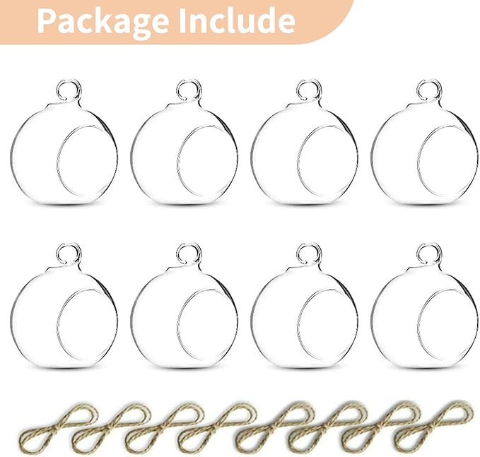 Nuptio 8 Pcs 3.15"/ 8cm Hanging Glass Tealight Holder Globe Plant Terrariums Glass Orbs Air Plants Tea Light Candle Holders Home Decor Indoor Outdoor Garden (6 Pcs + 2 Pcs)