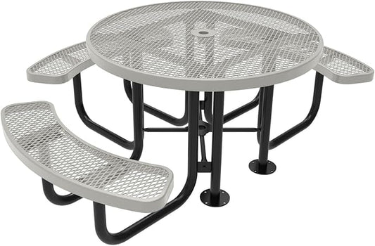 Heavy-Duty Portable Outdoor Picnic Table with Umbrella Hole, Expanded Metal Patio Dining Furniture Made in America (46" Round Top, Textured Grey)