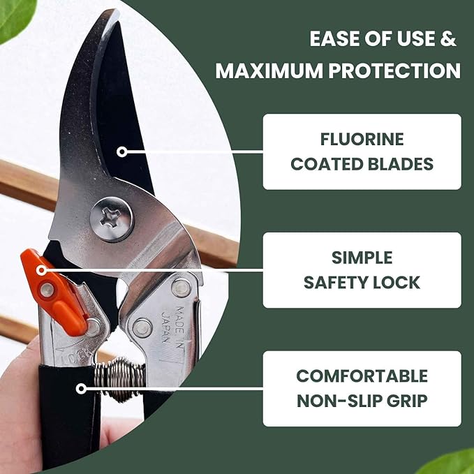 Saboten Japan 7.9" Japanese Pruning Shears - Premium Steel Blades, Rust-Resistant Fluorine Coating, Ergonomic Grip, Duracon Safety Lock - forest Originals, Made in Japan, Gardening & Farming Scissors