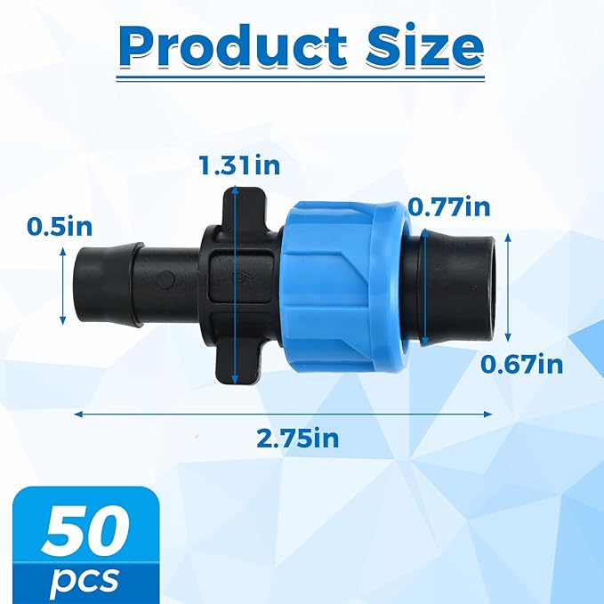 50 Pcs Drip Irrigation Connector, Drip Tape Fittings, Drip Tape Connector Tubing Coupling Barbed Locking Fitting Kit for 5/8" Drip Tape Sprinkler, 1/4" Barb Drip Irrigation Tools