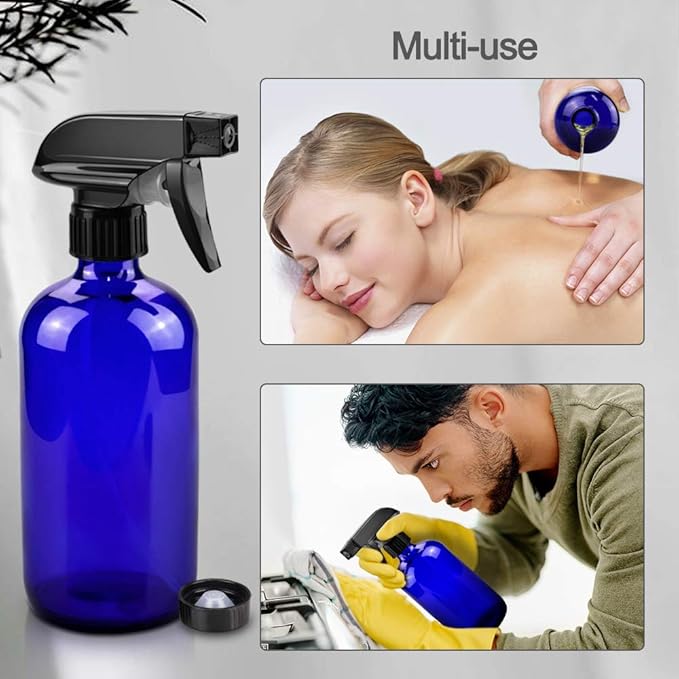 Glass Spray Bottles, 16oz Refillable Containers, Empty Boston Round Bottles with Labels & Adjustable Nozzle for Cleaning, Gardening, Aromatherapy, Pets, Plant, Hair -Blue (2 Pack)