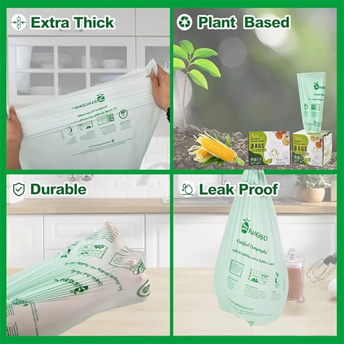 6~8 Gallon Compostable Trash Bags, 100 Count, Plant-Based Garbage Bags for Kitchen, Bathroom, Office & Food Waste – Durable, Leak-Proof, ASTM D6400 & BPI Certified