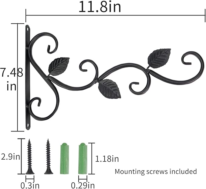 3 Leaves Style Metal Hanging Plant Brackets 12 inches x 7.5 inches, Pack of 2, Wall Mount Plant Hangers, Planter Hooks for Flower Baskets, Bird Feeders in Corridor/Patio/Porch/Garden