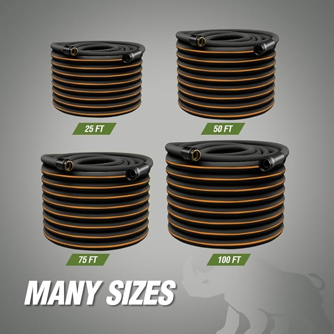 Rugged Rhino Heavy Duty Flexible Light Weight Garden Hose, 50ft x 5/8in, 4 Layer Leakproof Outdoor Gardening Tools, Watering Supplies, Powerful Water Pressure for Lawn, Flowers, Black Orange