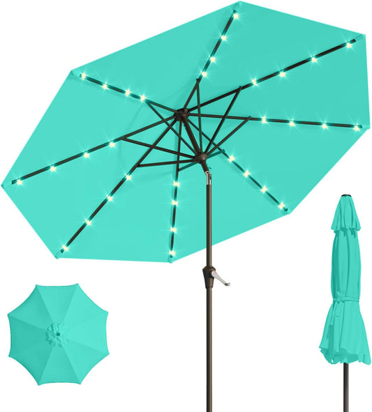 10FT Solar Umbrella 32 LED Lighted Patio Umbrella Table Market Umbrella w/Tilt and Crank, UV-Resistant Outdoor Umbrella for Pool, Garden, Deck, Turquoise Blue