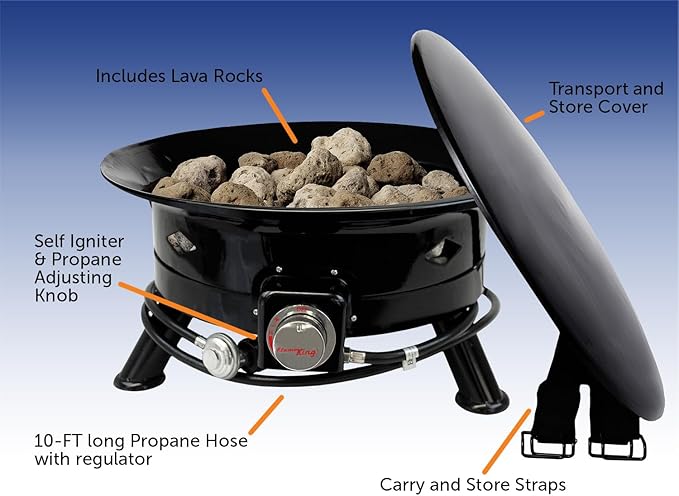 Flame King Smokeless Propane Fire Pit, 24-inch Portable Firebowl, 58K BTU with Self Igniter, Cover, & Carry Straps for RV, Camping, & Outdoor Living