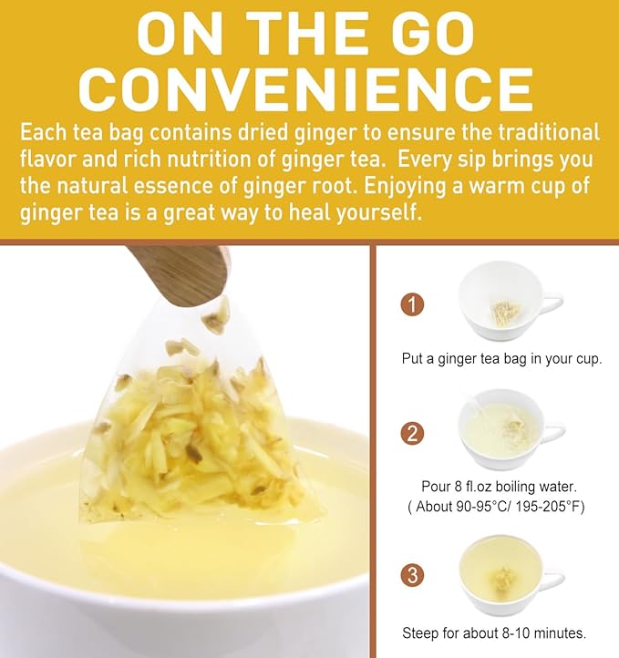 Olvvla - Premium Ginger Tea Bags - 2g X 56 Count - 100% Pure Natural Ginger Root Herbal Tea - Cut & Sifted - Non-GMO - Caffeine-free - Warm & Spicy - Relieve Nausea & Support Digestion