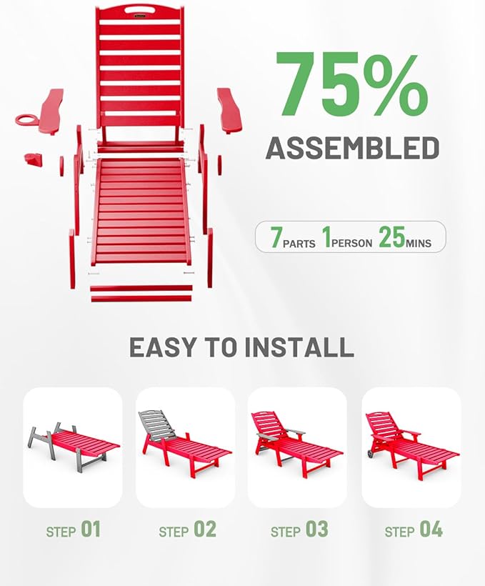 Chaise Lounge Chair Outdoor with Wheels, 6-Position Adjustable HDPE Chaise Lounge Chair with Cup Holder, Outdoor Chair for Pool Poolside Deck Backyard Patio, Red