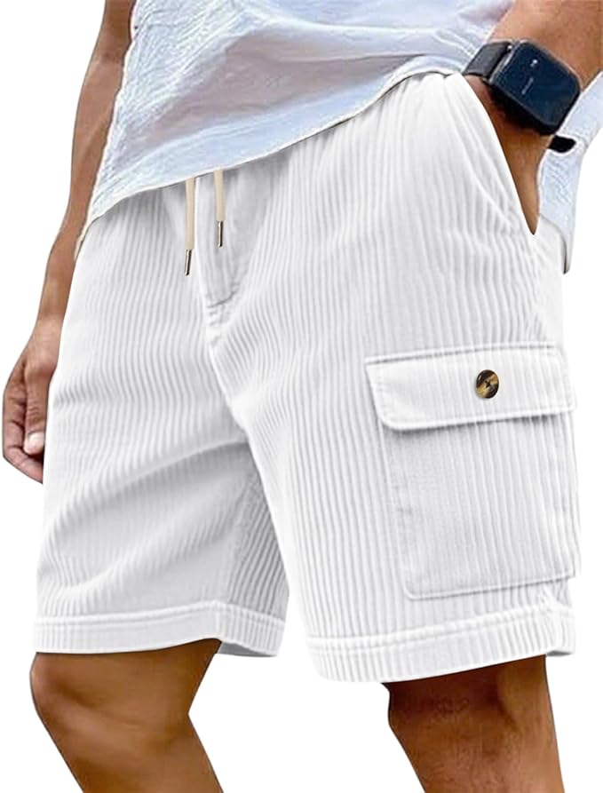 Mens Cargo Shorts Casual Drawstring Elastic Waist Corduroy Summer Beach Shorts with Pockets