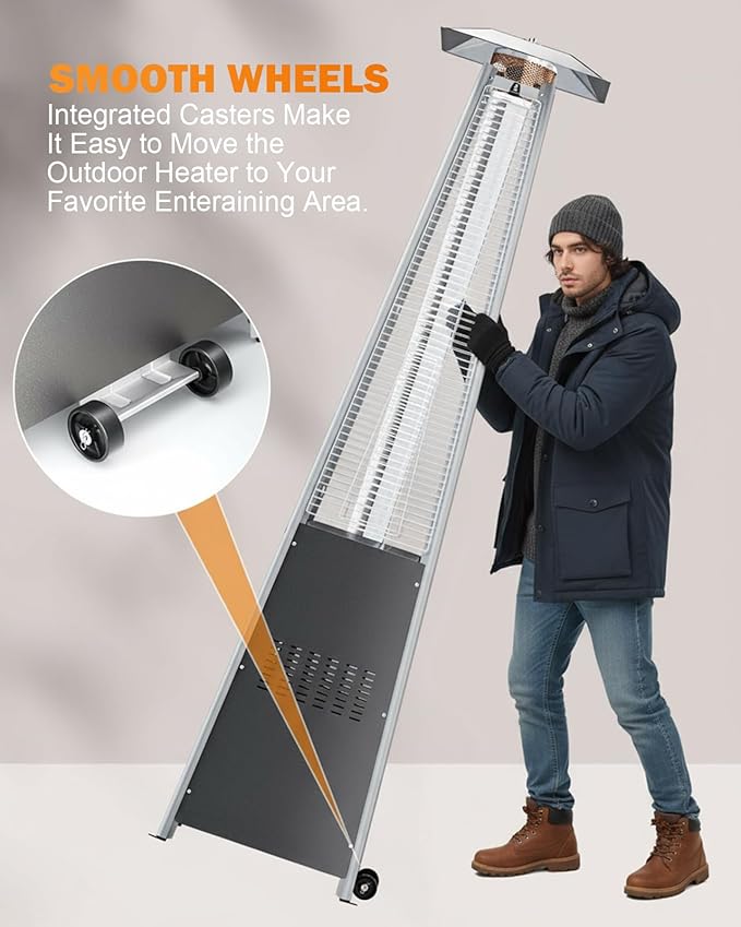 Patio Heater With Glass Tube, 48000 BTU Propane Patio Heaters For Outdoor Use With Cover & Wheels, Commercial Outdoor Heater For Patio Backyard, Multiple Protection System (Gray) (1 heater)