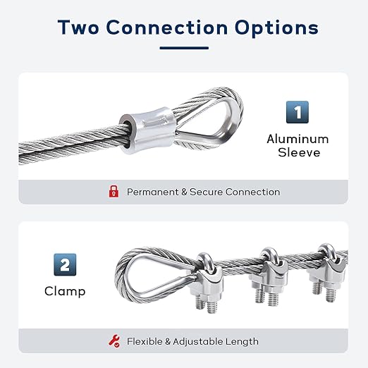 1/8 Inch Stainless Steel Cable 200FT, 7x19 Strand Wire Rope Kit with Thimbles, Clips & Aluminium Sleeves for Plants Climbing, Deck Fence Railing, String Light Haning and DIY Projects