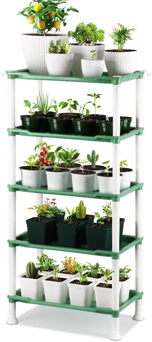 5-Tier Seed Stand with 5 Trays, Seed Starting Rack Propagation Rack Kit for Stackable Seedling Tray Seedling Staging Table for Indoor Outdoor Growing (H:37.6", W: 11.6”, L: 18.1") (Green)