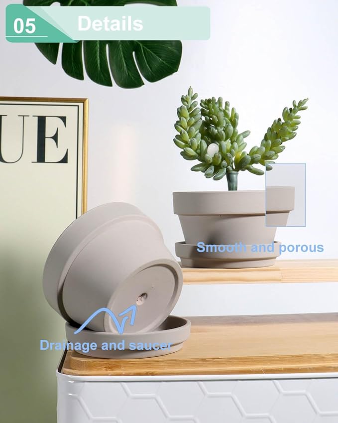 vensovo 4.5 Inch Grey Terracotta Shallow Succulent Pots - 6 Pack Terra Cotta Clay Pot with Saucer, Cacuts Indoor and Outdoor Planters with Drainage Hole